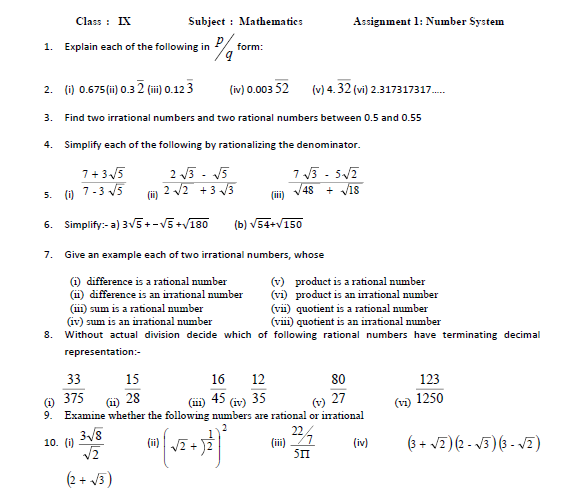 CBSE Class 9 Mathematics Number System Worksheet Set A